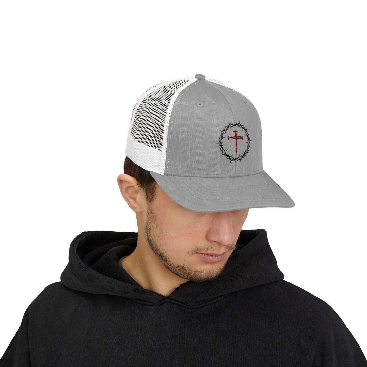 Faith-Inspired Snapback Trucker Cap with embroidered Cross Design