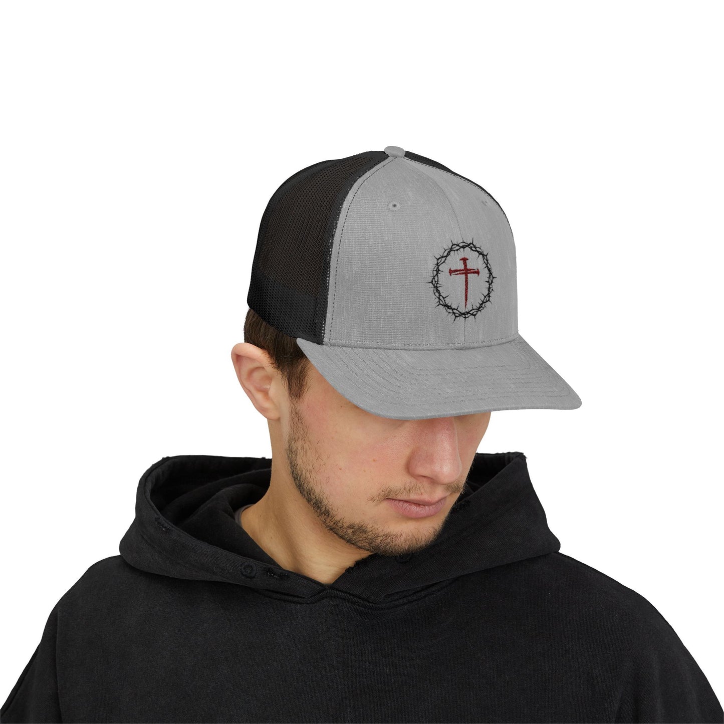 Faith-Inspired Snapback Trucker Cap with embroidered Cross Design