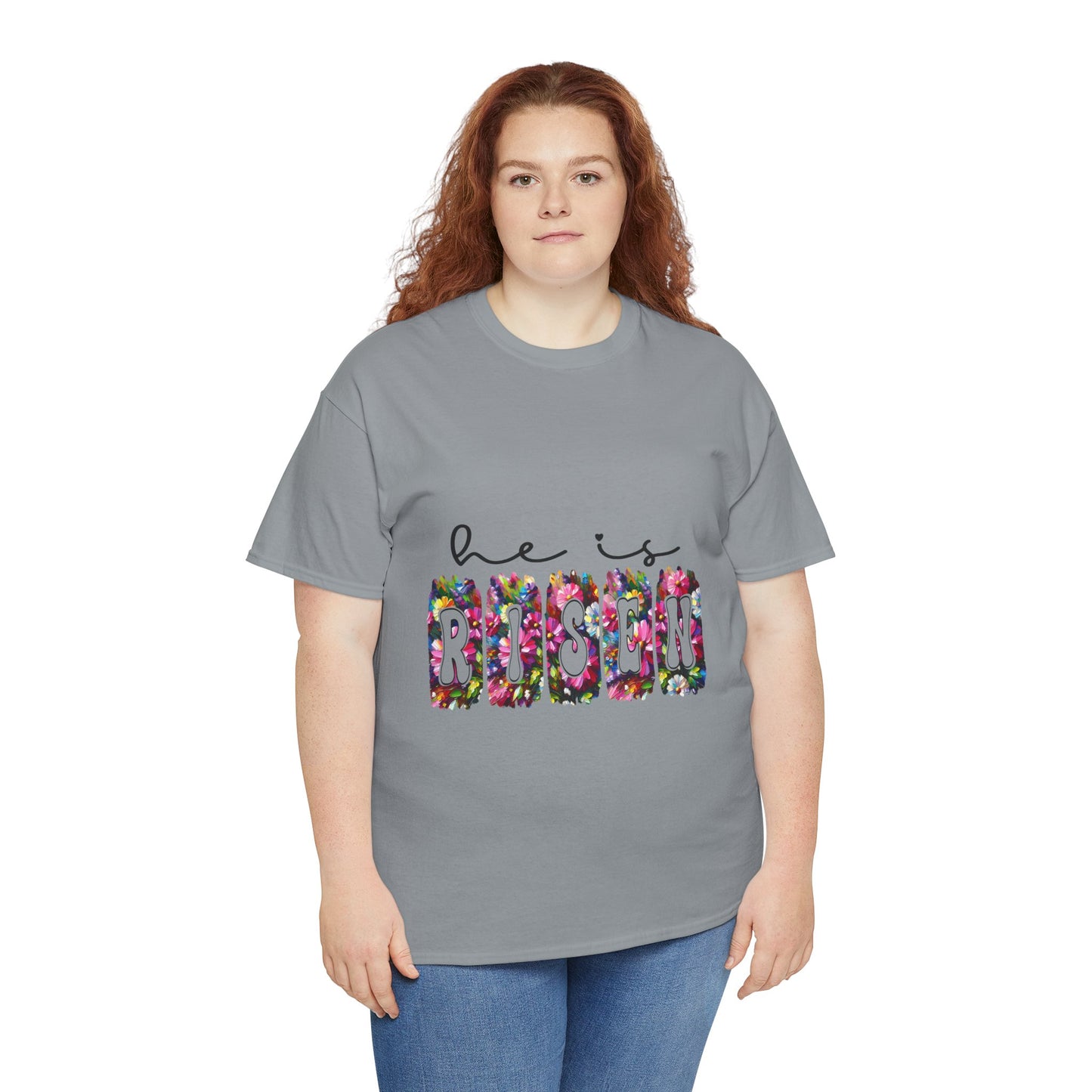 He Is Risen Unisex Heavy Cotton Tee - Floral Design for Easter Celebrations