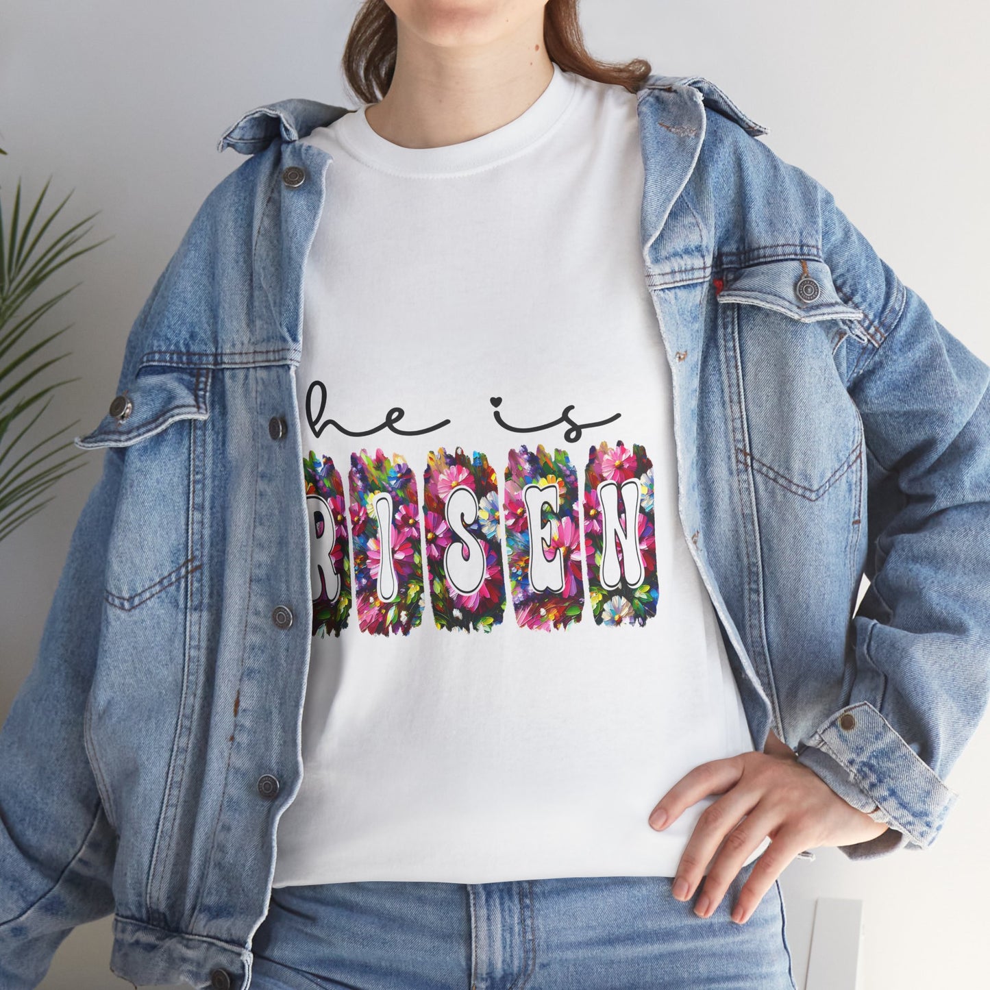 He Is Risen Unisex Heavy Cotton Tee - Floral Design for Easter Celebrations