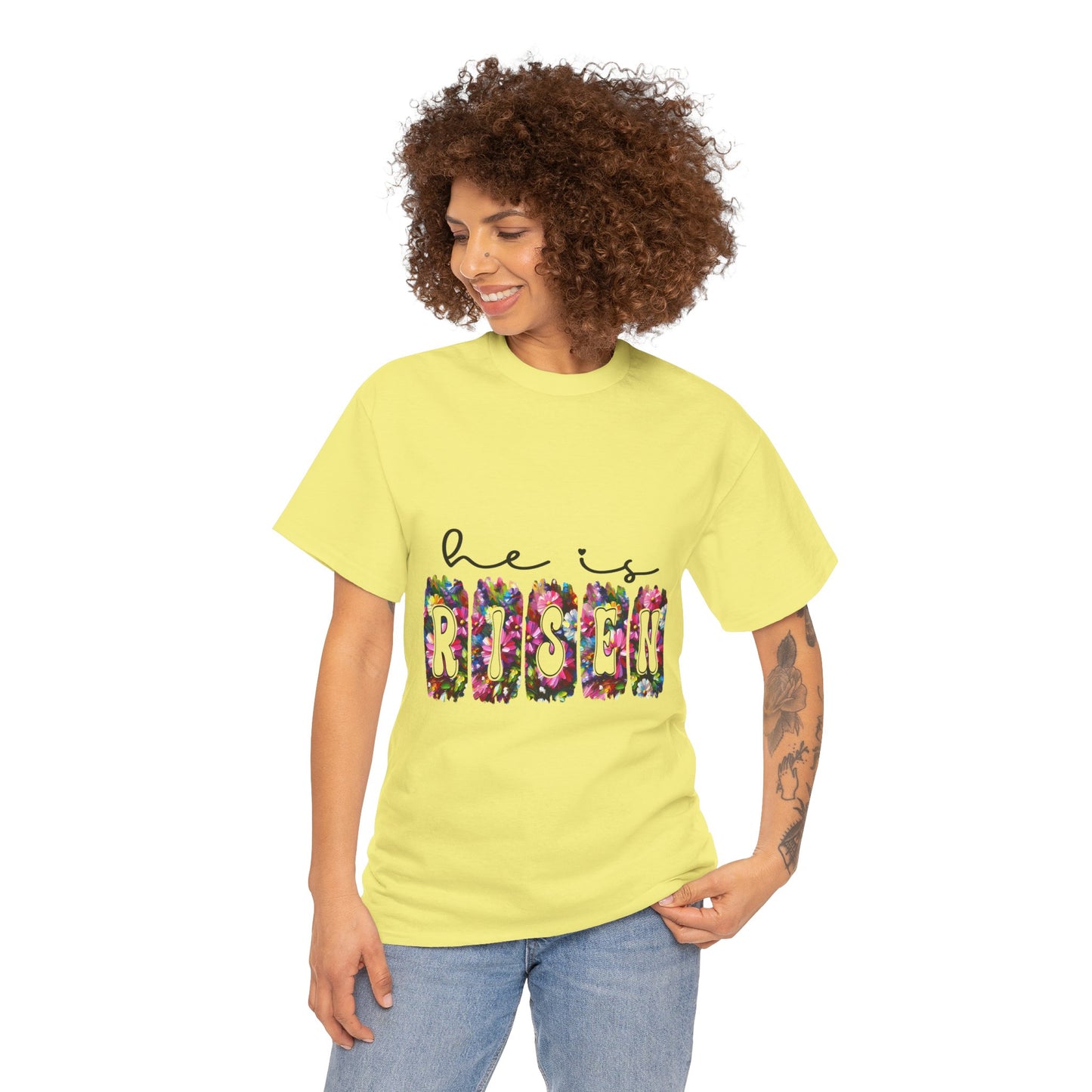 He Is Risen Unisex Heavy Cotton Tee - Floral Design for Easter Celebrations