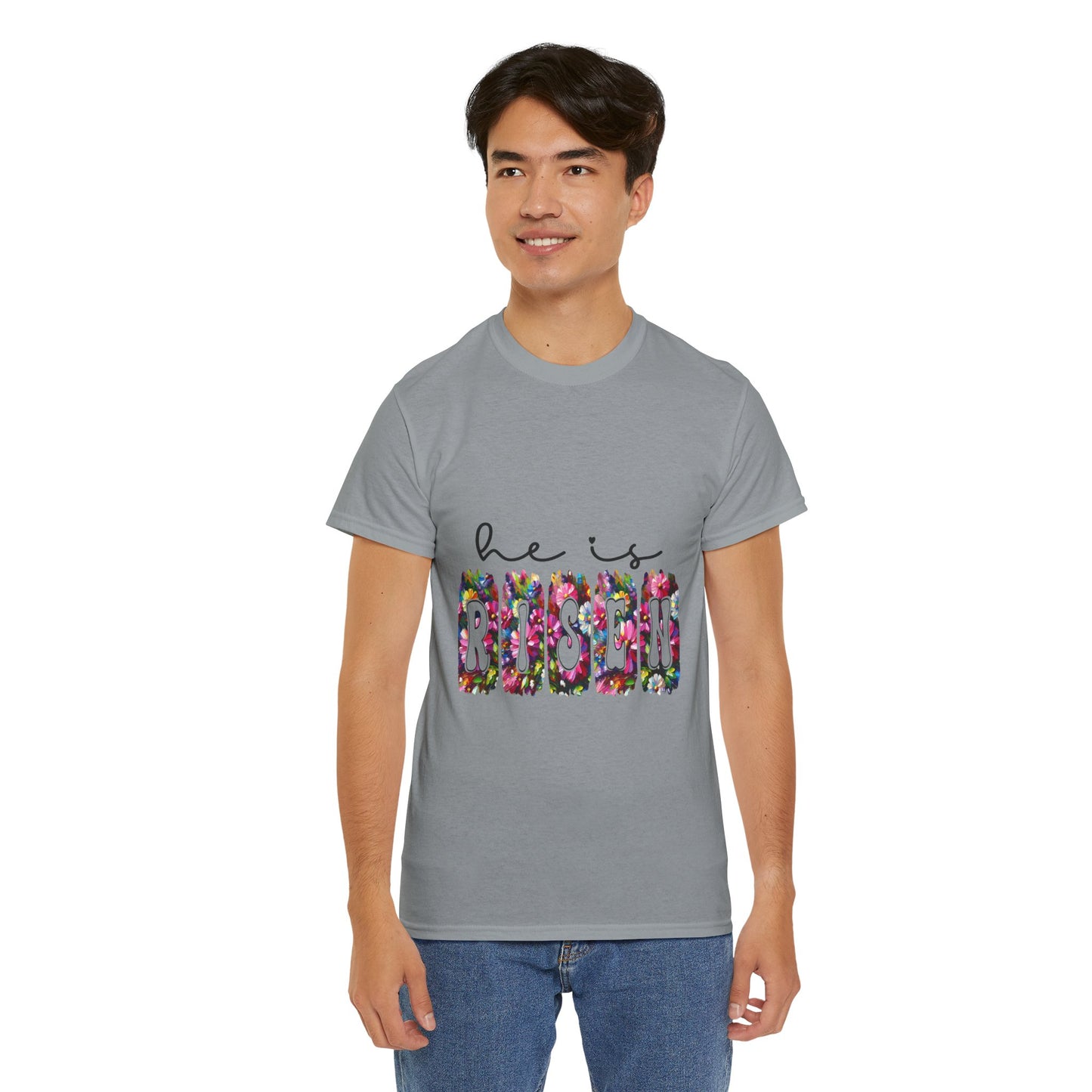 He Is Risen Unisex Heavy Cotton Tee - Floral Design for Easter Celebrations