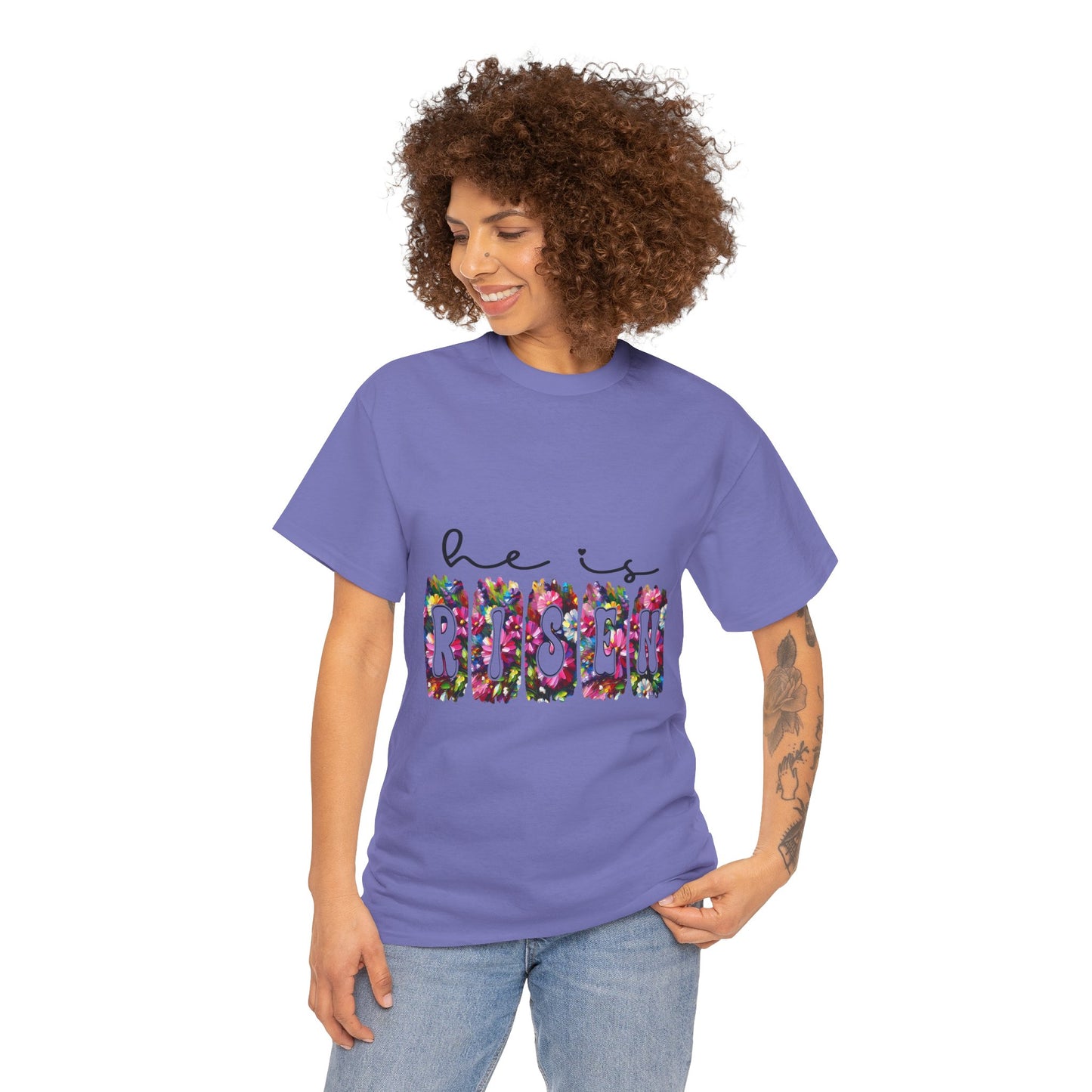 He Is Risen Unisex Heavy Cotton Tee - Floral Design for Easter Celebrations