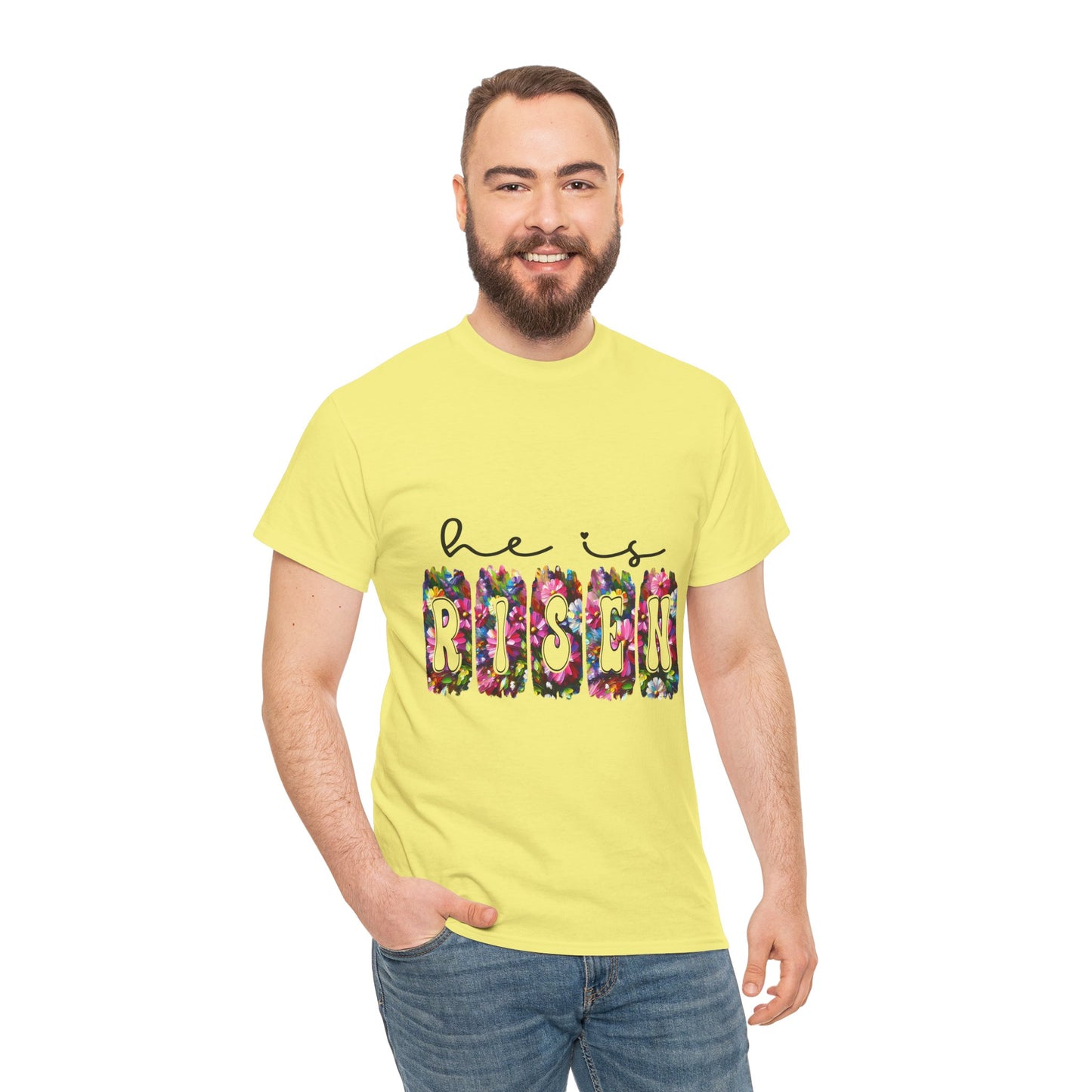 He Is Risen Unisex Heavy Cotton Tee - Floral Design for Easter Celebrations