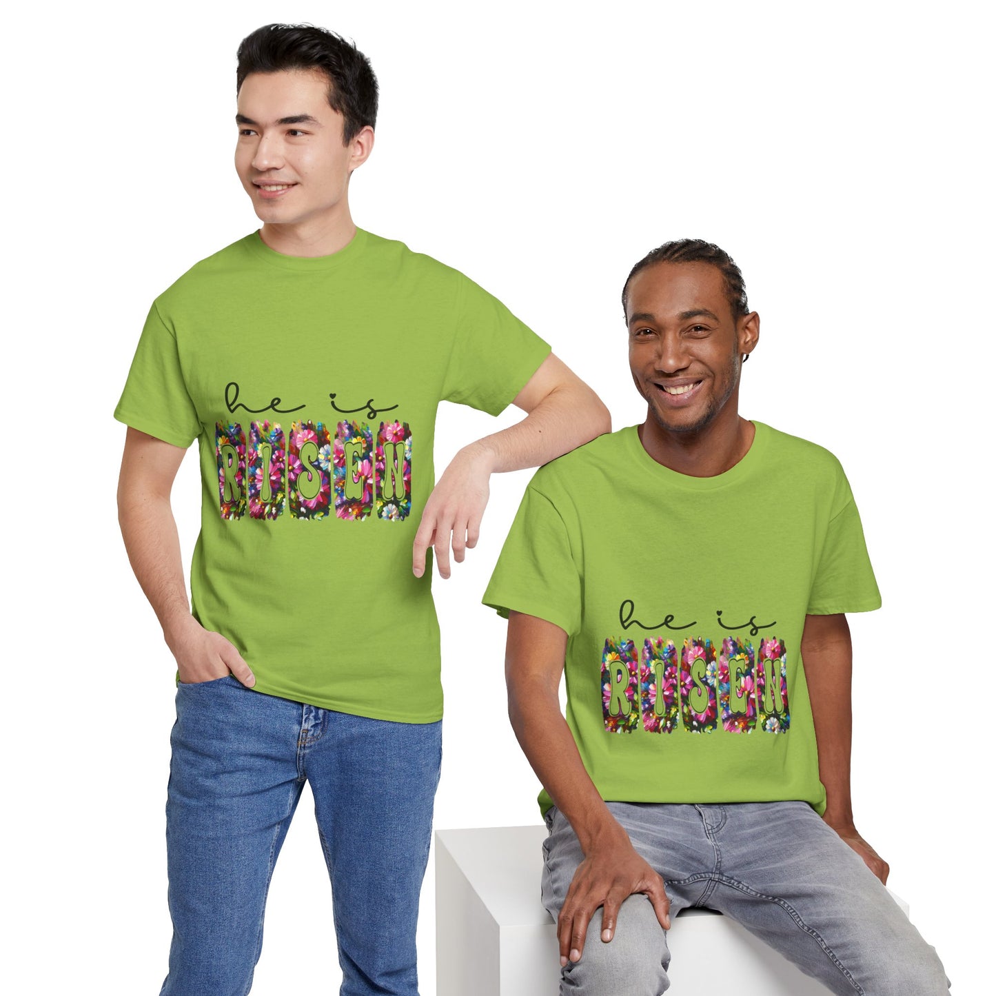 He Is Risen Unisex Heavy Cotton Tee - Floral Design for Easter Celebrations