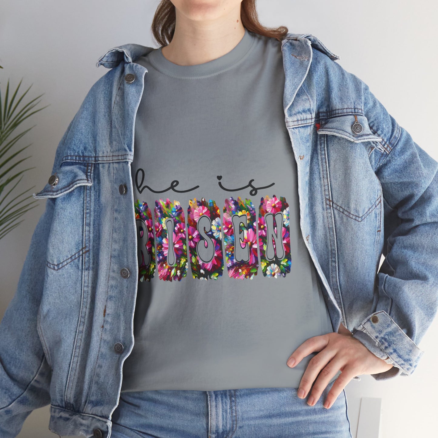 He Is Risen Unisex Heavy Cotton Tee - Floral Design for Easter Celebrations