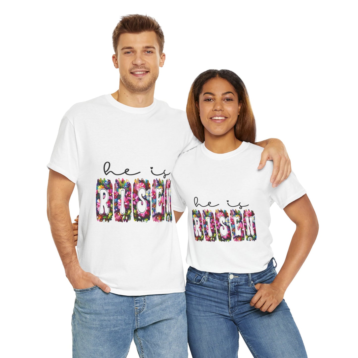 He Is Risen Unisex Heavy Cotton Tee - Floral Design for Easter Celebrations