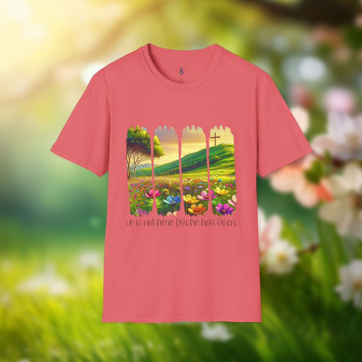 Inspirational Unisex Softstyle T-Shirt - He is Not Here for He Has Risen Design