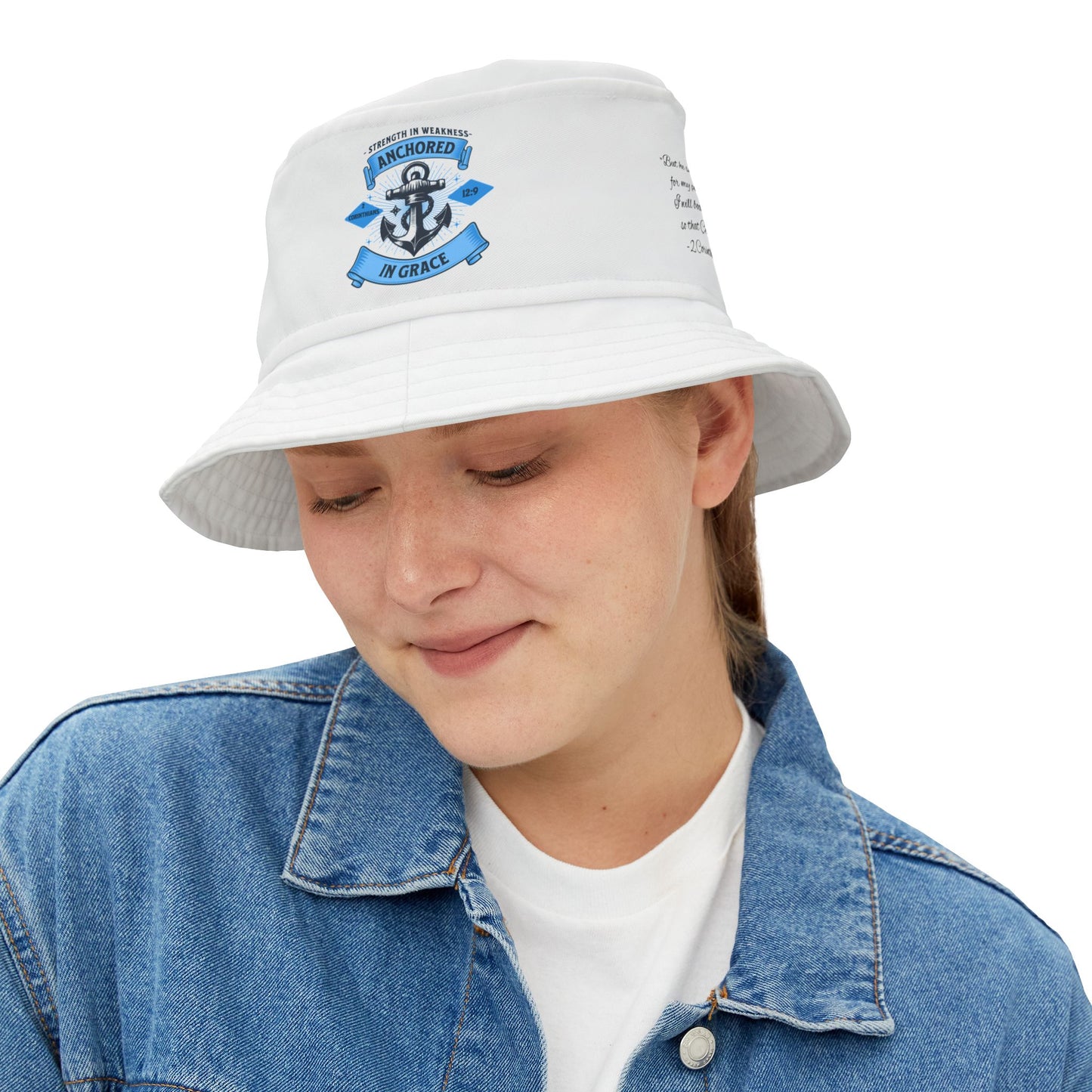 Bucket Hat with Strength in Weakness 2 Corinthians 12:9 Design